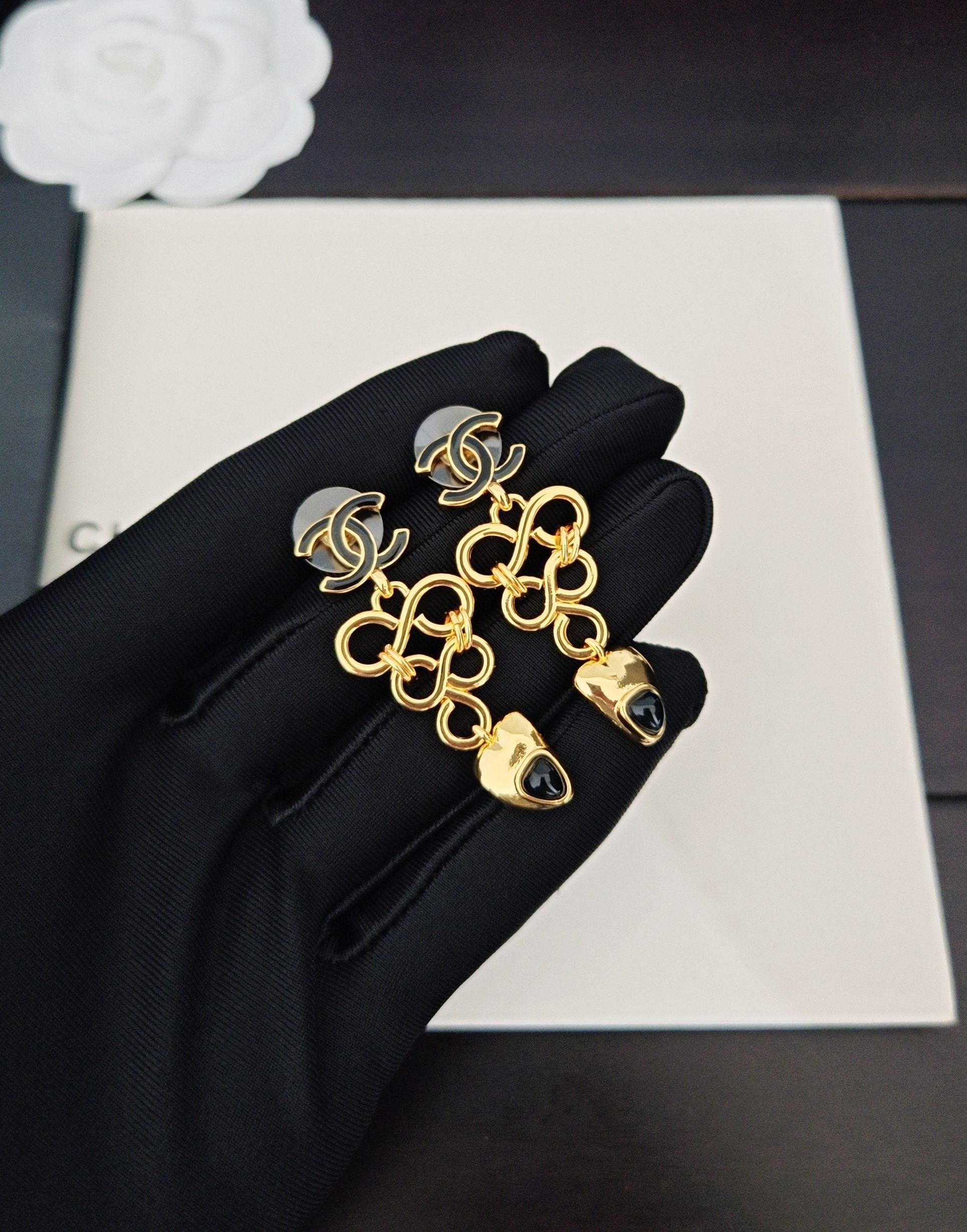 Black Gem Tassel Earrings