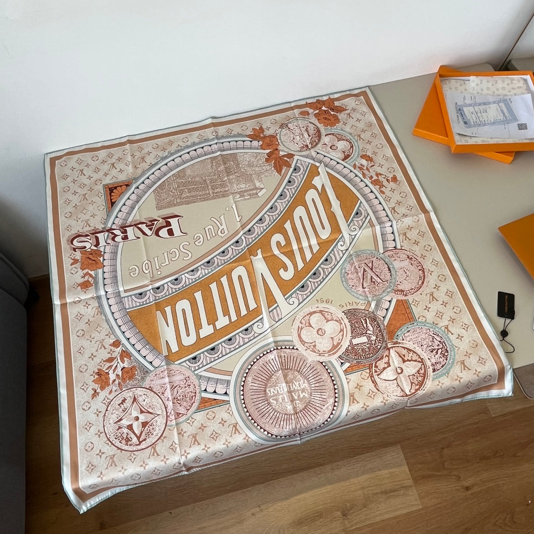 Orange printed mulberry silk square scarf