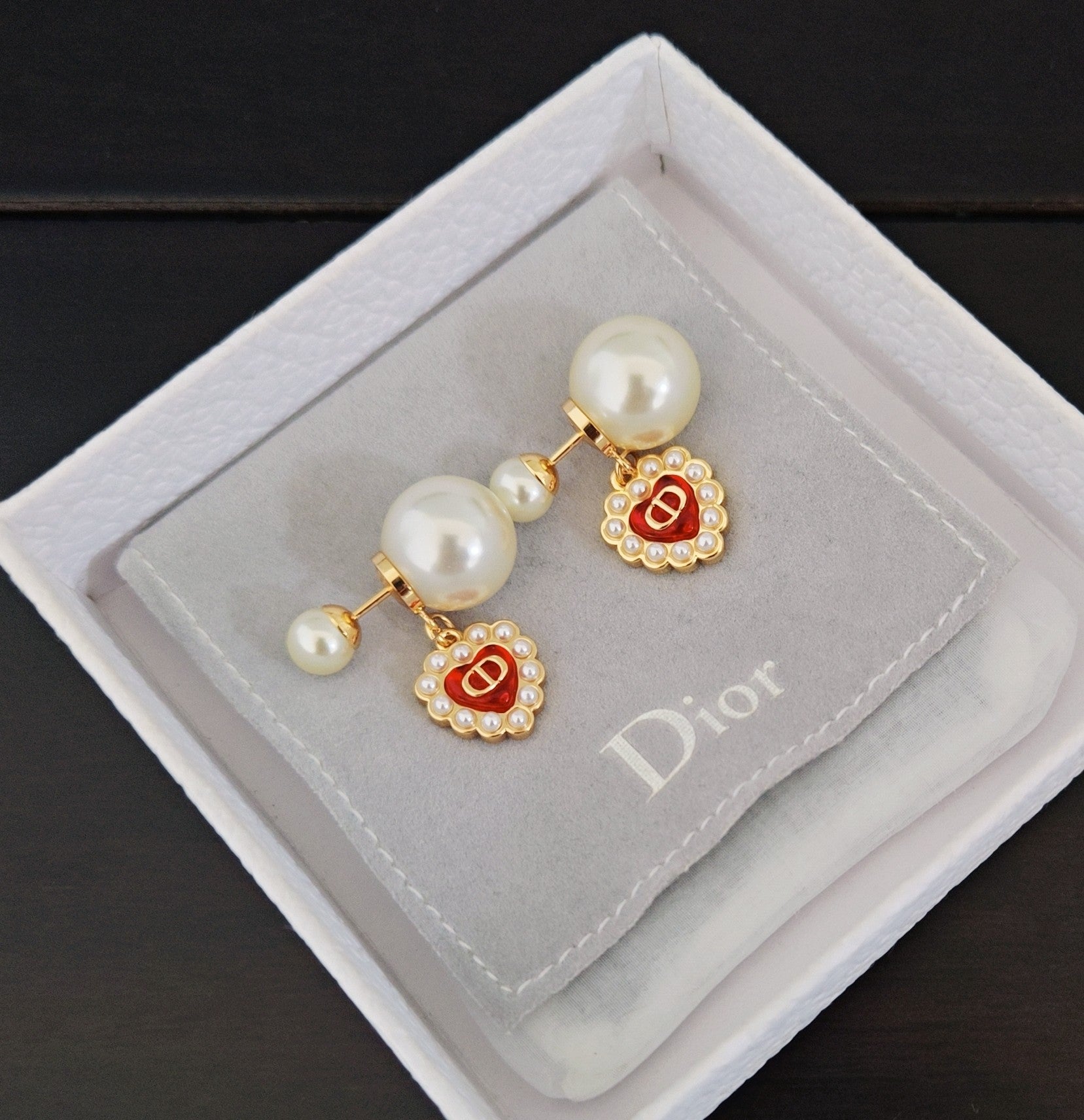 Pearl Red Heart Earrings