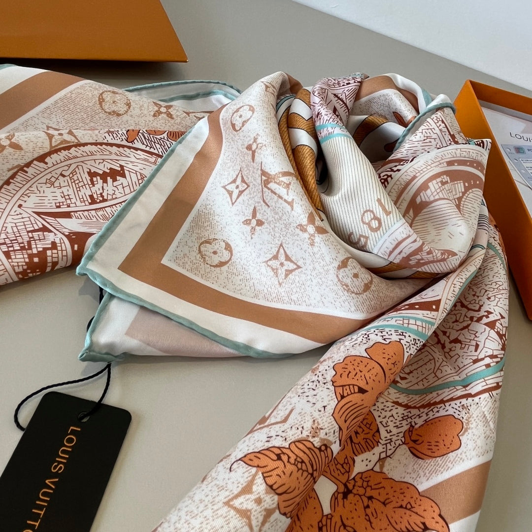 Orange printed mulberry silk square scarf