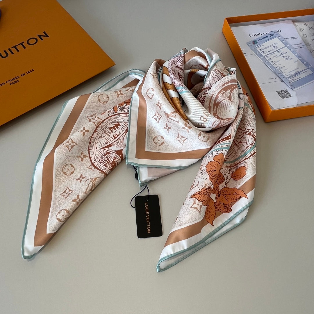Orange printed mulberry silk square scarf