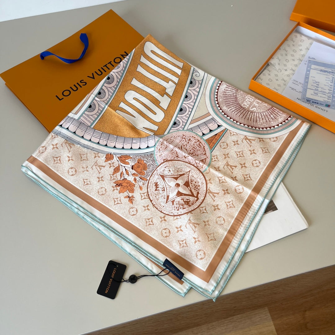Orange printed mulberry silk square scarf