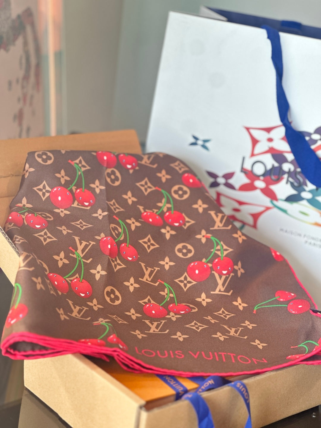 Cherry pattern square silk scarf