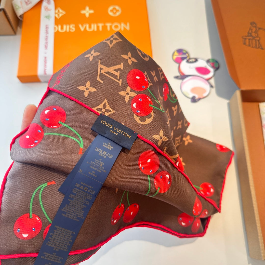 Cherry pattern square silk scarf