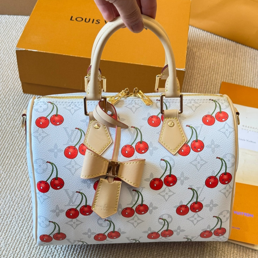 Cherry print white pillow bag