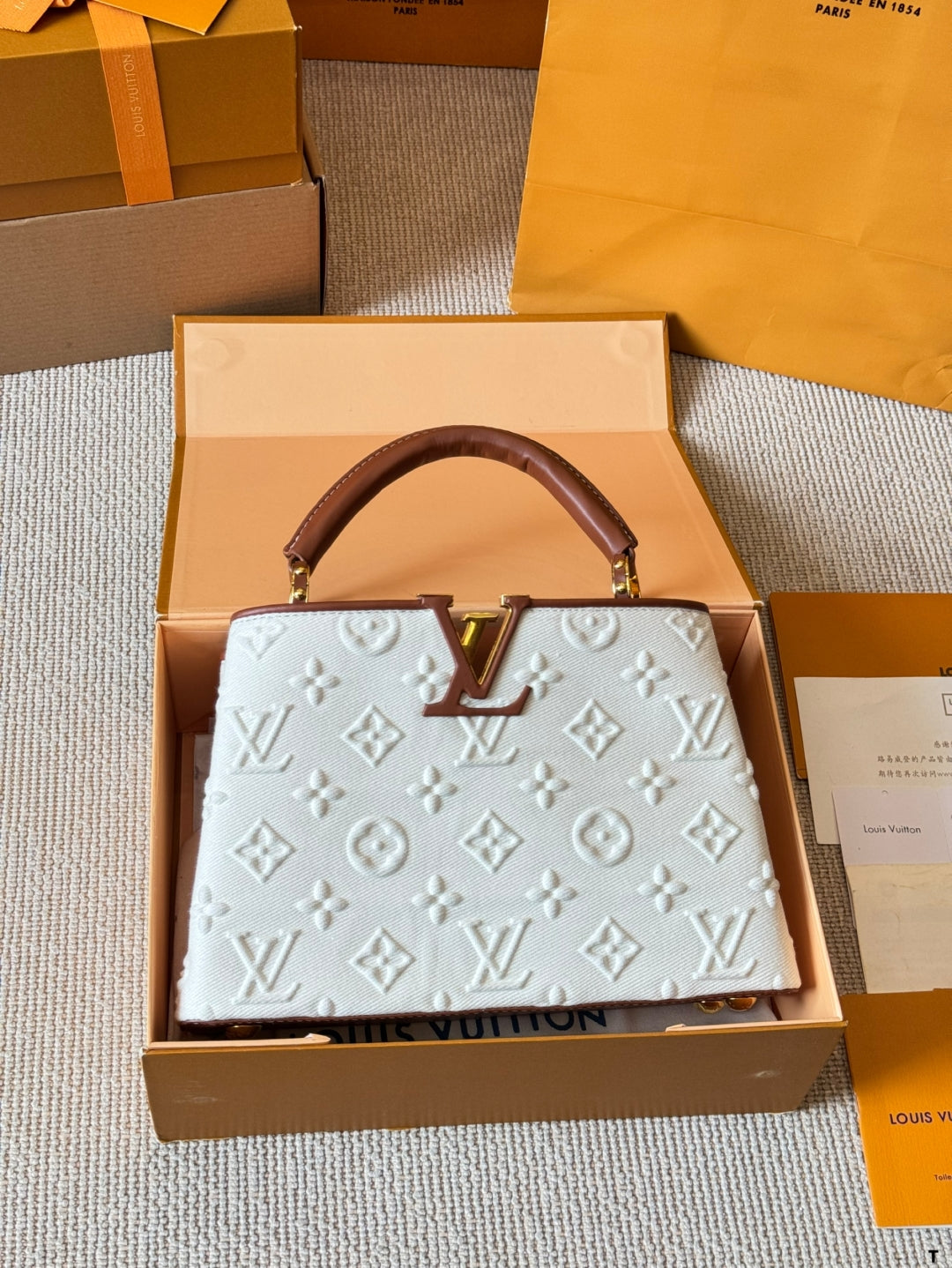 White Printed Canvas Leather Handbag