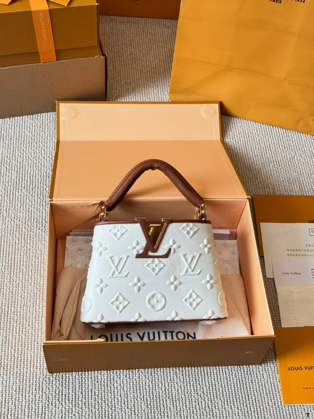 White Printed Canvas Leather Handbag