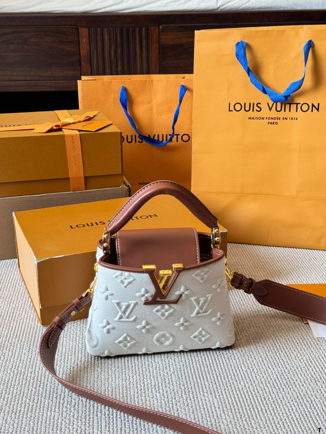 White Printed Canvas Leather Handbag