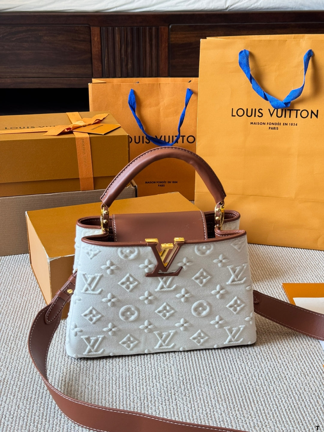 White Printed Canvas Leather Handbag