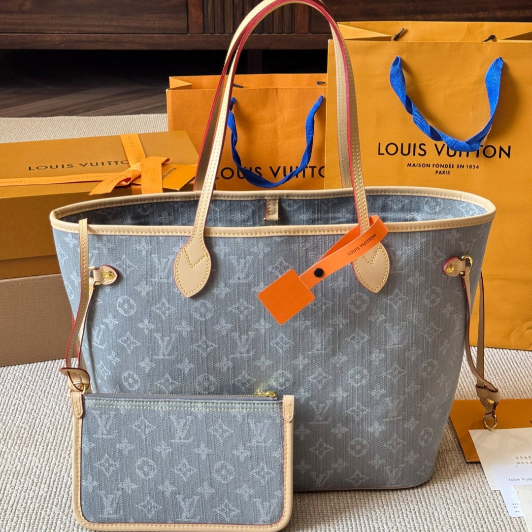 Gray denim medium shopping bag