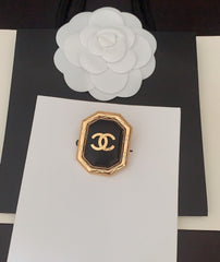 Gold Square Black Leather Brooch