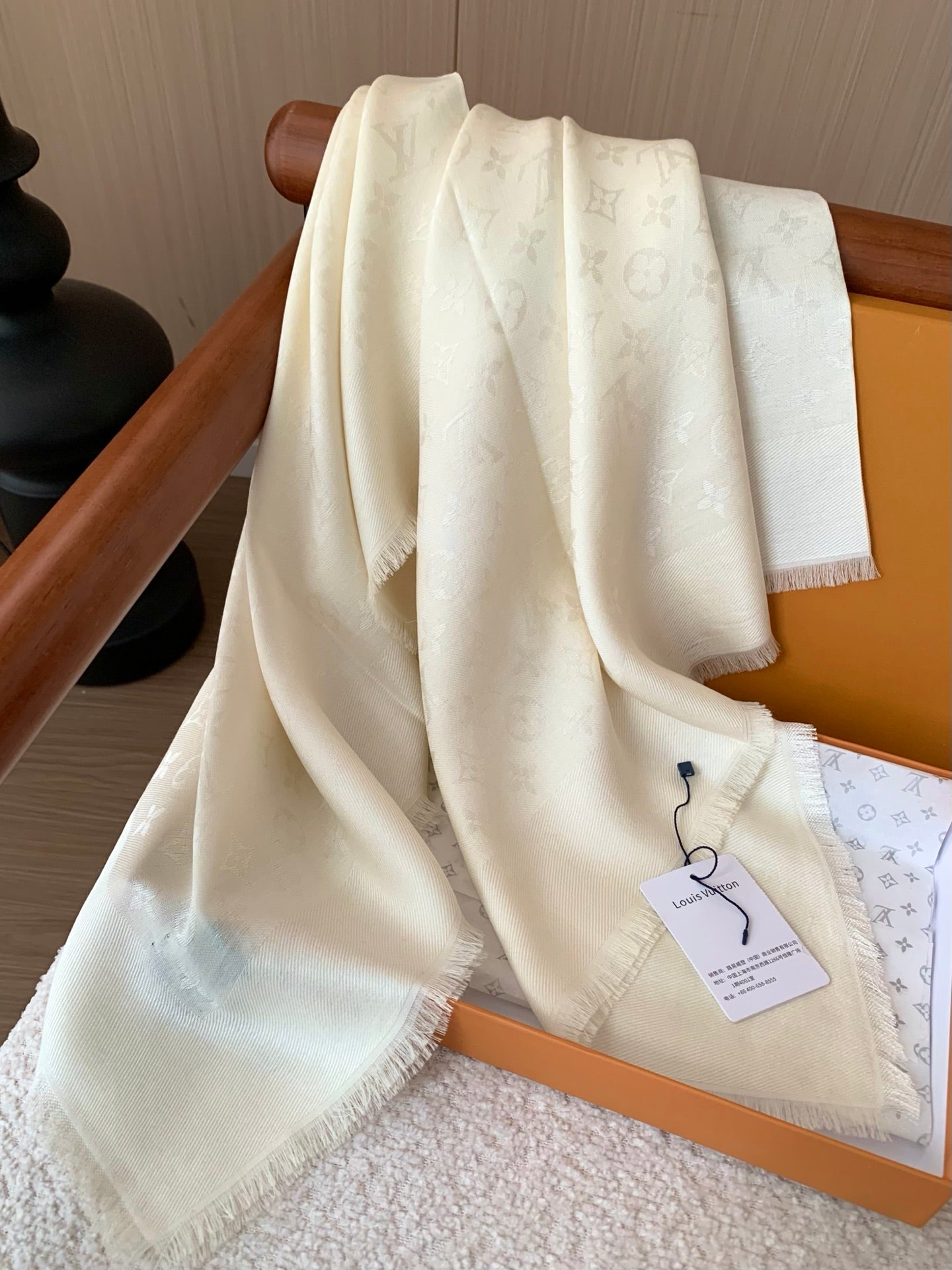 Printed White silk and wool scarf