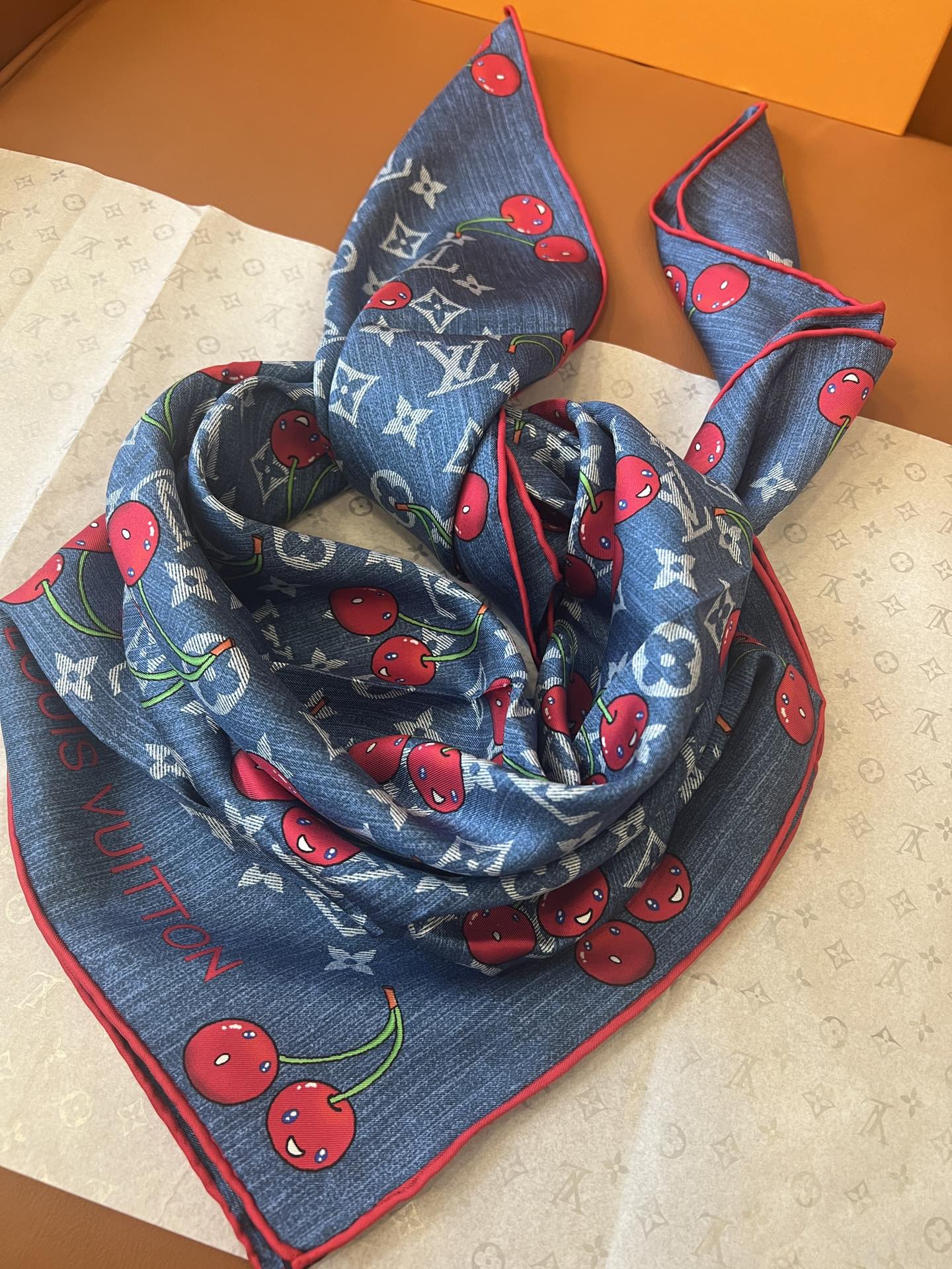 Cherry pattern square silk scarf