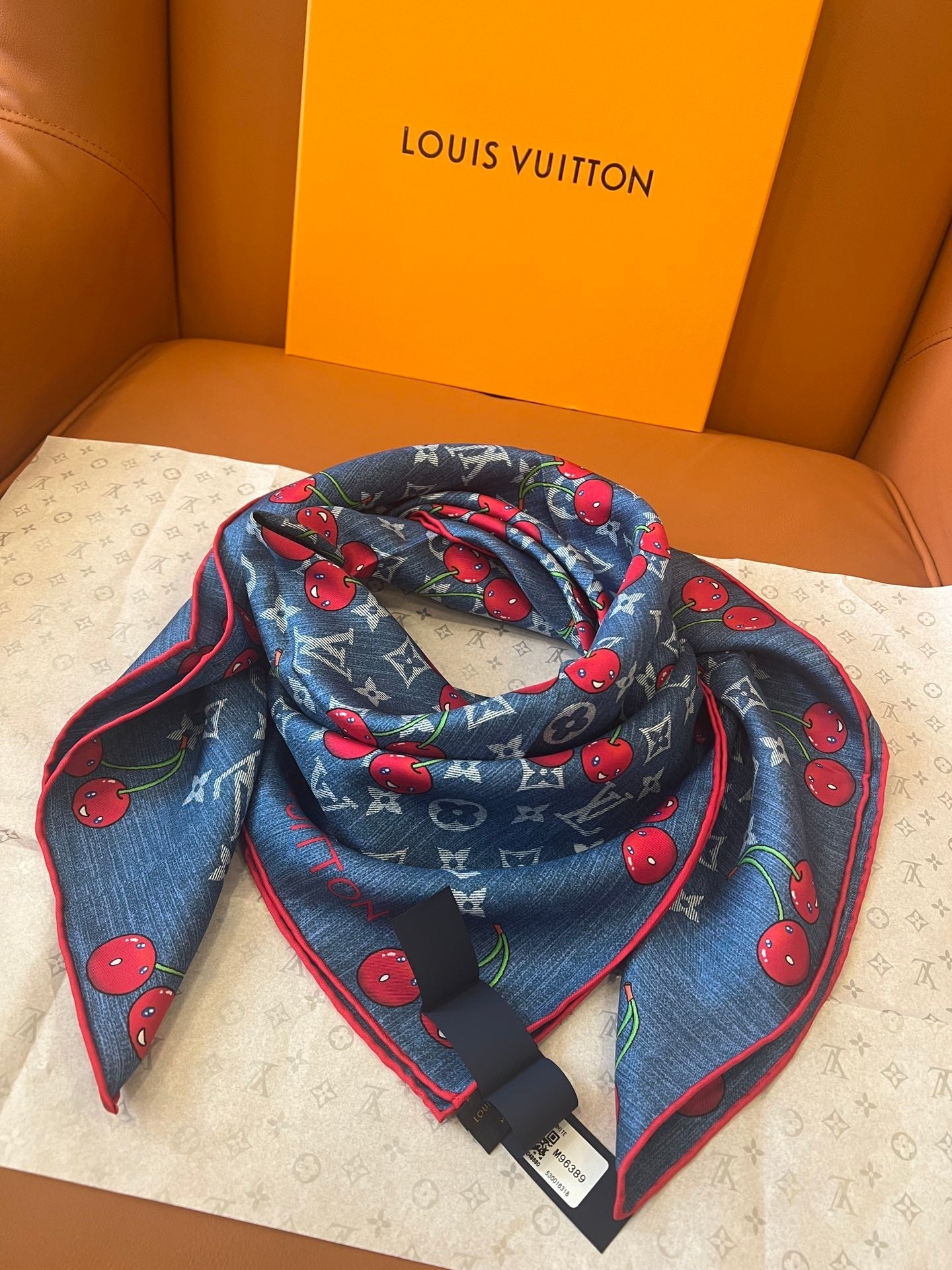 Cherry pattern square silk scarf