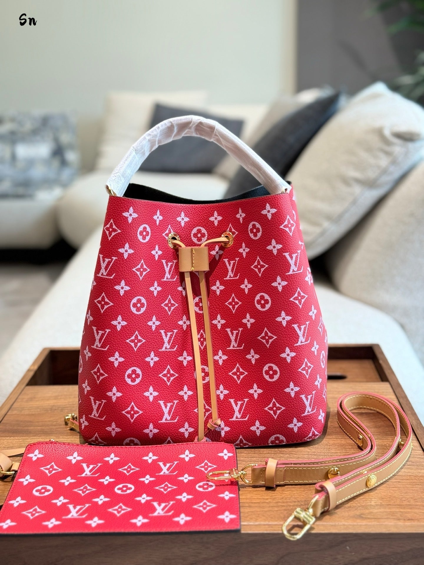 Leather rainbow bucket bag