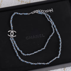 Double-layer Denim blue leather and metal necklace