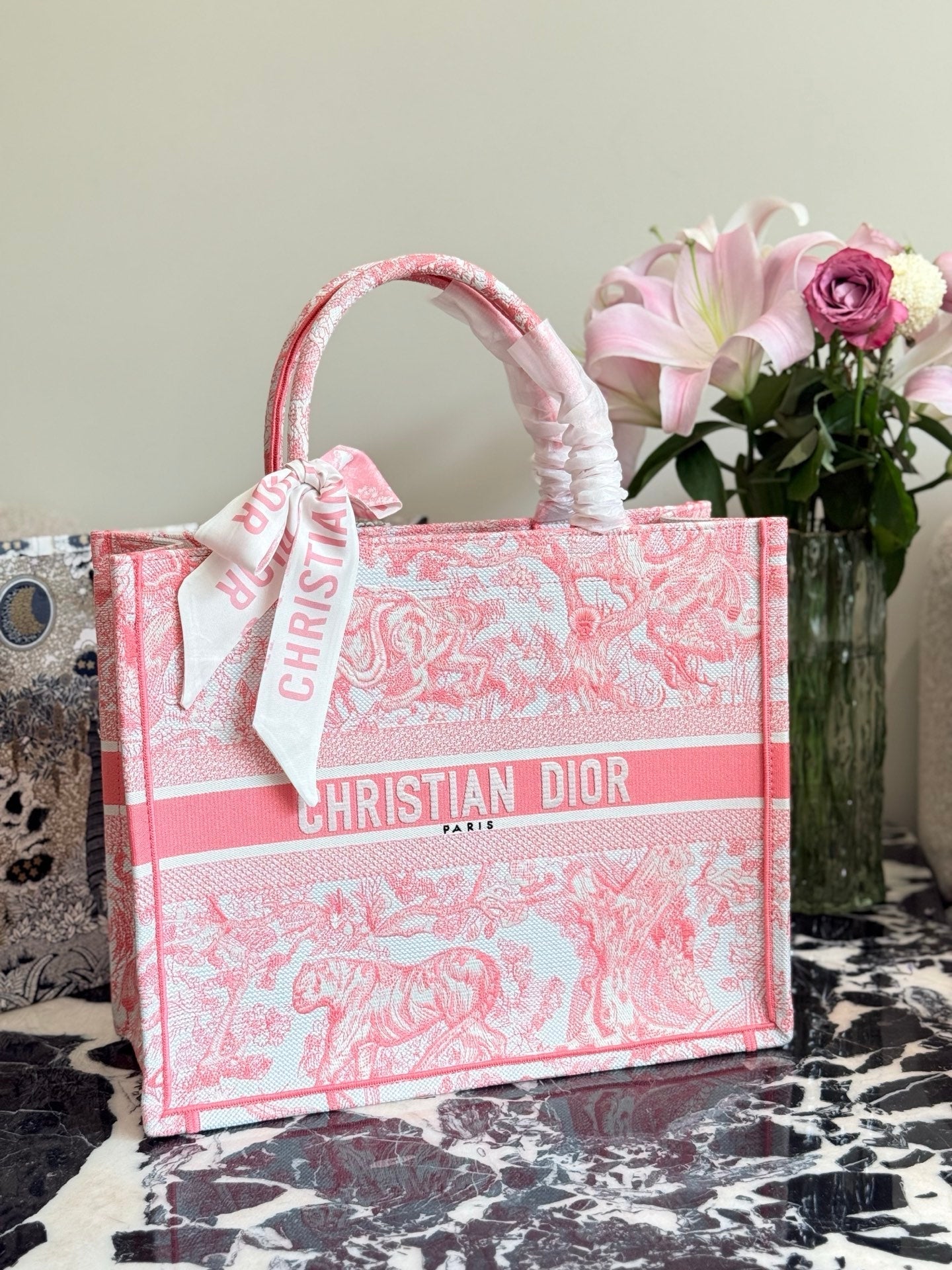 Pink printed embroidery bag