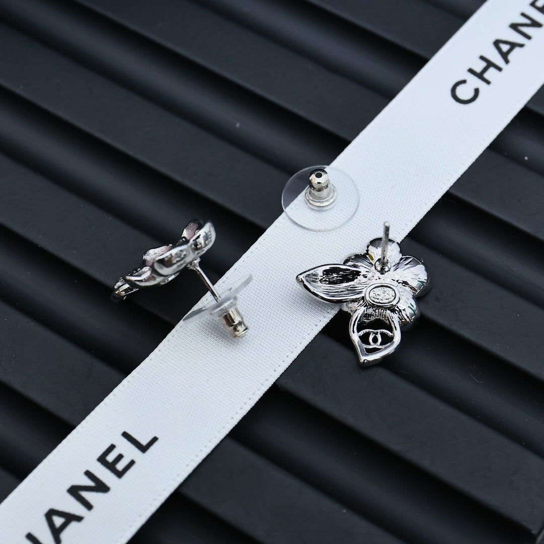 Silver Camellia Enamel Earrings